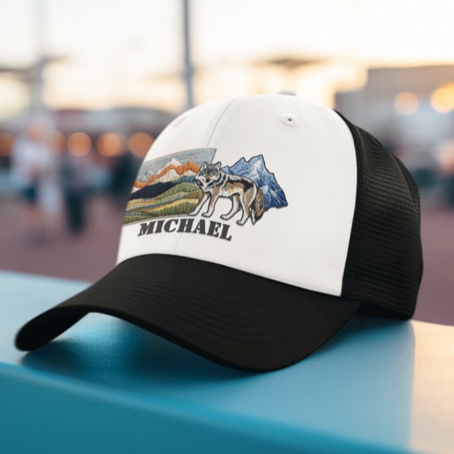 Mountains Faux Patches Wolf Personalised Gift  Trucker Hat (Creator Uploaded)