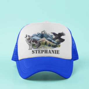 Mountains Faux Patches Wolf Raven Personalized Trucker Hat