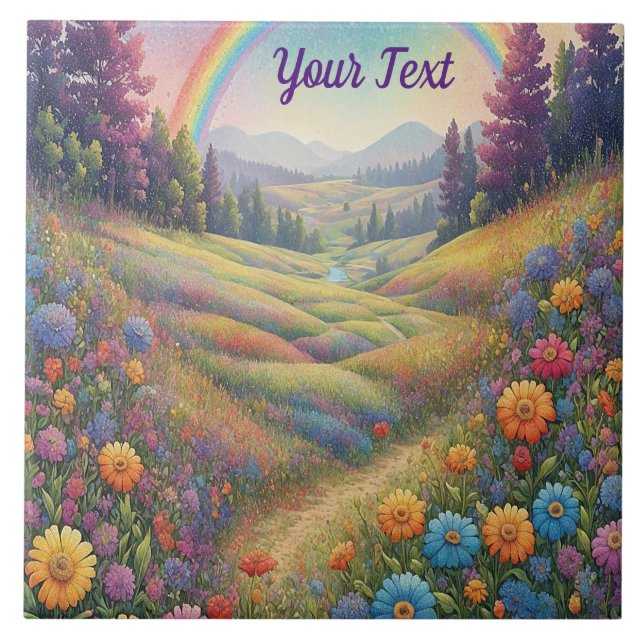 Mountains Flowers Rainbow Ceramic Tile (Front)