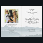 Mountains Folded Wedding Photo Program Template<br><div class="desc">Misty mountains folded wedding program template with a photo area. Blue-grey mountain scenery covers the bottom third of the paper on all the pages. Customise text on front and back of 8.5 x 11 inch paper that will be folded in half after purchase. The photo of the couple will appear...</div>
