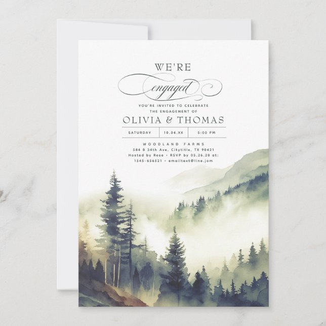 Mountains Forest Fog Evening Engagement Party Invitation (Front)