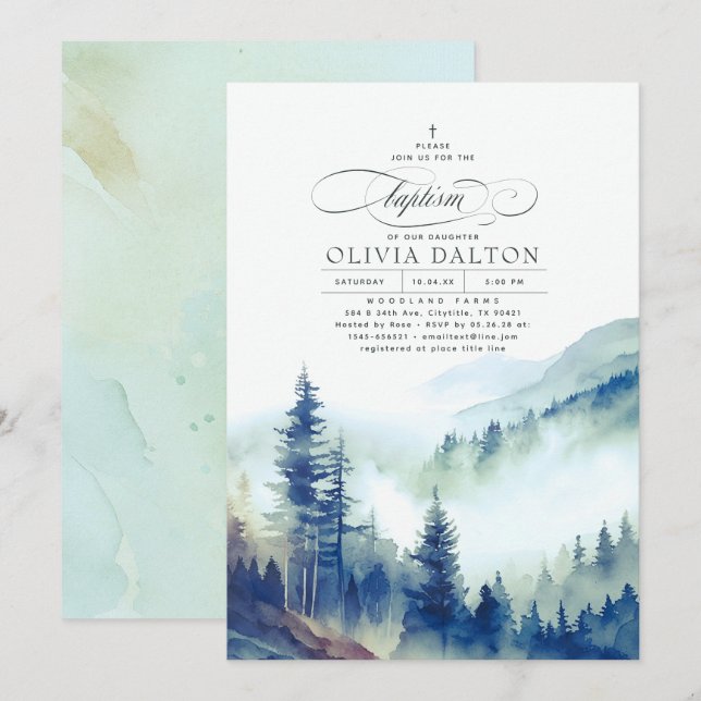 Mountains Forest Fog Evening Landscape Baptism Invitation (Front/Back)