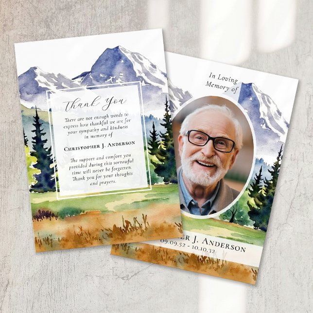 Mountains Forest Photo Sympathy Memorial Funeral Thank You Card (Creator Uploaded)