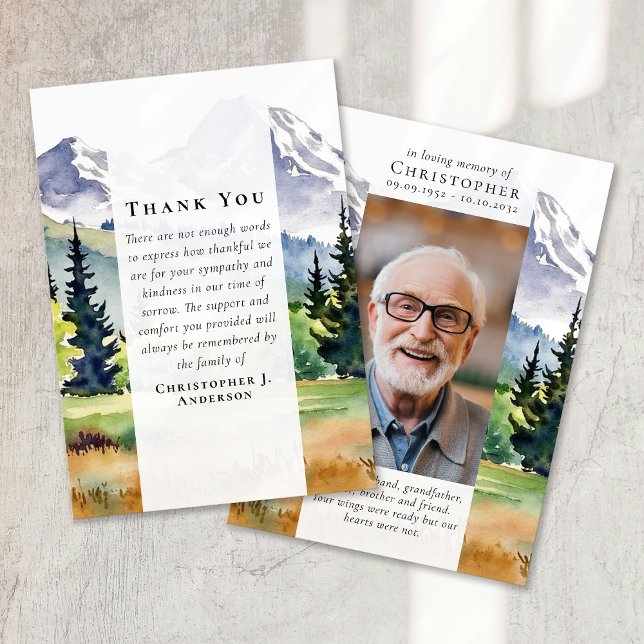 Mountains Forest Photo Sympathy Memorial Funeral Thank You Card (Creator Uploaded)