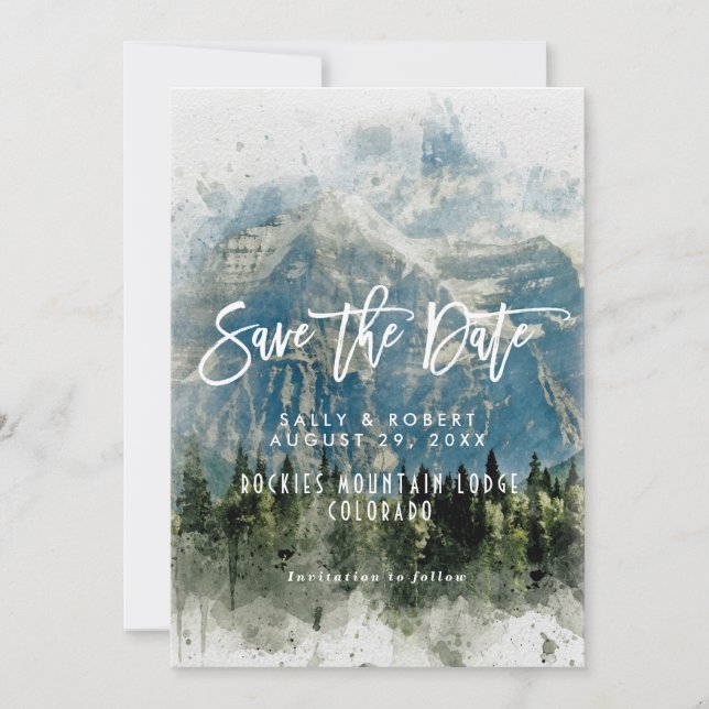 mountains forest wedding save the date card (Front)