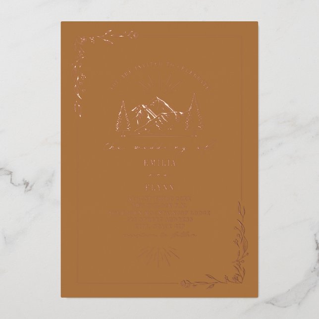 Mountains Goldenrod Wedding Foil Invitation (Front)