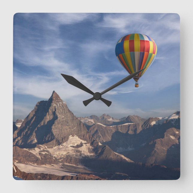 Mountains | Hot Air Balloon Matterhorn Swiss Alps Square Wall Clock (Front)