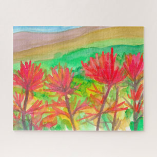 Mountains Indian Paintbrush Wildflowers Painting Jigsaw Puzzle