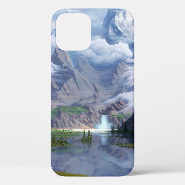 Mountains lake waterfall digital art 3D illustrati Case-Mate iPhone Case (Back)