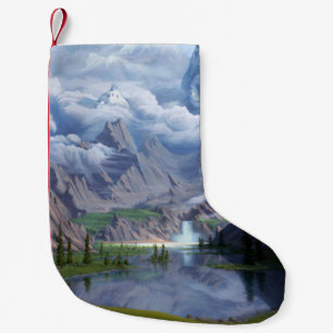 Mountains lake waterfall digital art 3D illustrati Small Christmas Stocking