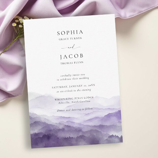 Mountains Landscape Purple Ridge Romantic Wedding Invitation (mountain wedding invitation peak ridge landscape purple watercolor misty foggy romantic elegant)