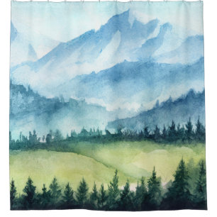 Mountains landscape, watercolor artistic illustrat shower curtain