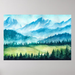 Mountains landscape. Watercolor illustration. Poster