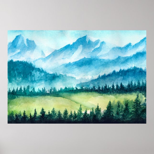 Mountains landscape. Watercolor illustration. Poster (Front)