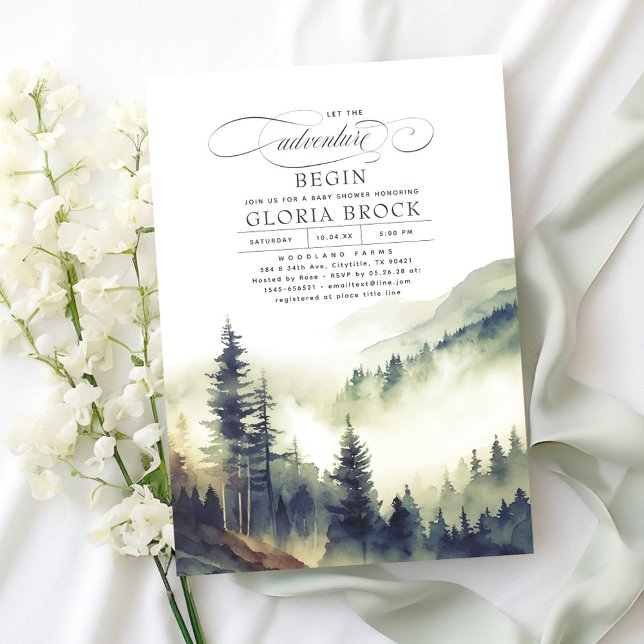 Mountains Let The Adventure Begin Baby Shower Invitation (Fog Forest and Mountains Let The Adventure Begin Gender Neutral Baby Shower Invitations)