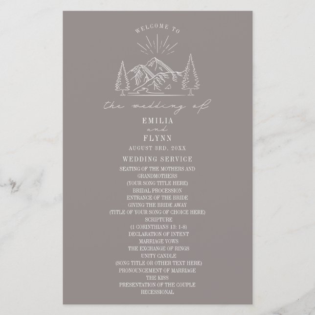 Mountains Line Art Amethyst Wedding Program (Front)