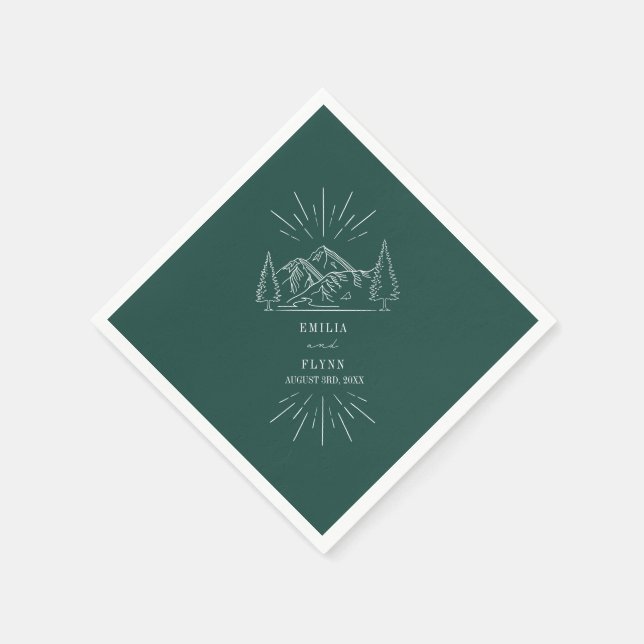 Mountains Line Art Emerald Wedding Napkins (Corner)