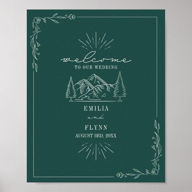 Mountains Line Art Emerald Wedding Welcome  Poster (Front)