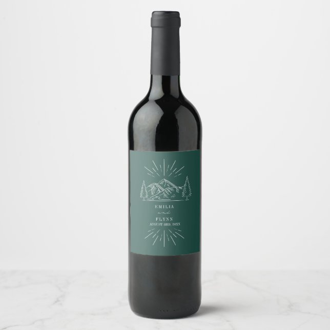 Mountains Line Art Emerald Wedding Wine Label (Front)
