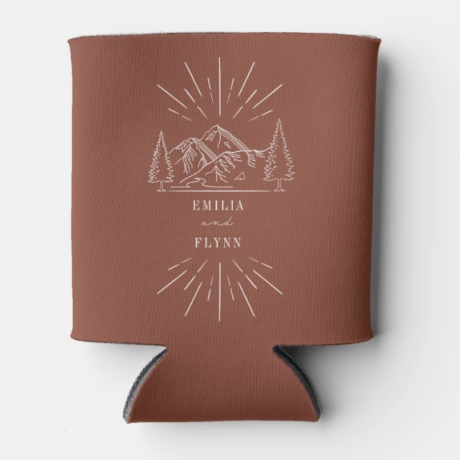Mountains Line Art Terracotta Wedding  Can Cooler (Front)