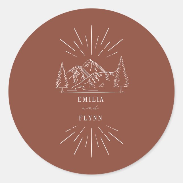 Mountains Line Art Terracotta Wedding Classic Roun Classic Round Sticker (Front)