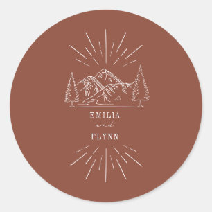 Mountains Line Art Terracotta Wedding Classic Roun Round Sticker
