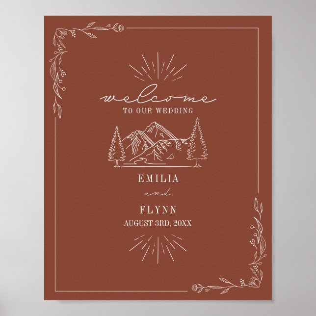 Mountains Line Art Terracotta Wedding Welcome Poster (Front)