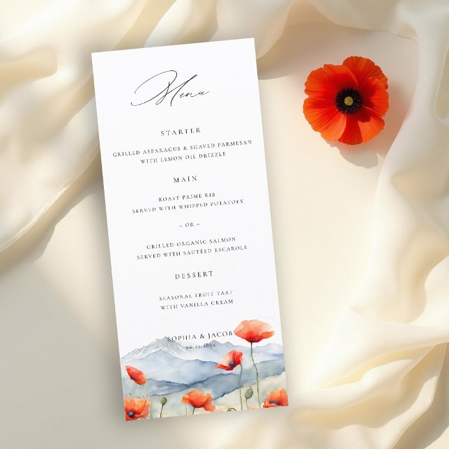 Mountains Meadow Summer Poppies Romantic Wedding  Menu (wildflower wedding menu card mountain outdoors rustic red poppies meadow watercolor elegant)
