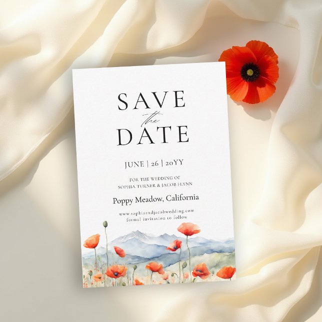 Mountains Meadow Summer Poppies Romantic Wedding Save The Date (wildflower wedding save the date card mountain outdoors rustic red poppies meadow watercolor elegant)