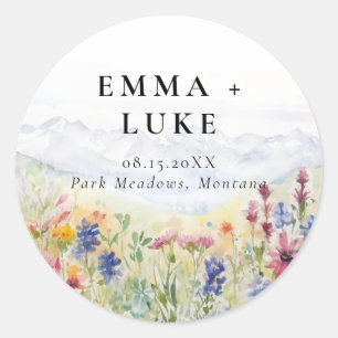 Mountains Meadow Wildflowers Watercolor Wedding Classic Round Sticker