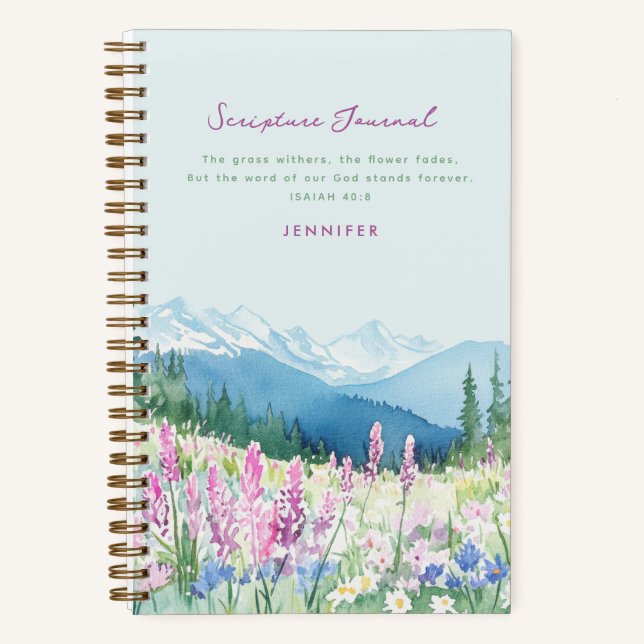 Mountains & Meadows Blue & Purple Scripture Notebook (Front)