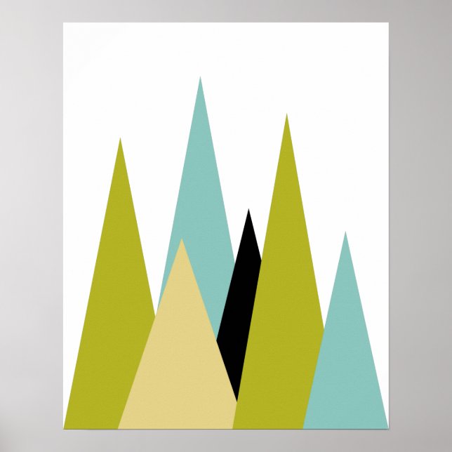 Mountains Mid Century Green Turquoise Yellow Black Poster (Front)