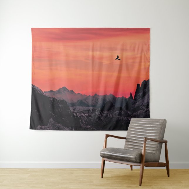 Mountains Orange Sunset Bird in Sky Tapestry (In Situ (Horizontal))
