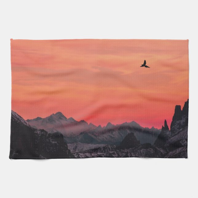 Mountains Orange Sunset Bird in Sky Tea Towel (Horizontal)