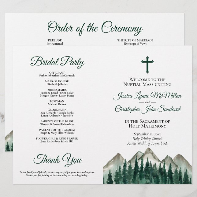 Mountains & Pine DIY Fold Catholic Wedding Program (Front/Back)