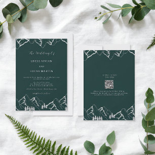 Mountains Pine Tree Emerald Green QR Code Wedding Invitation