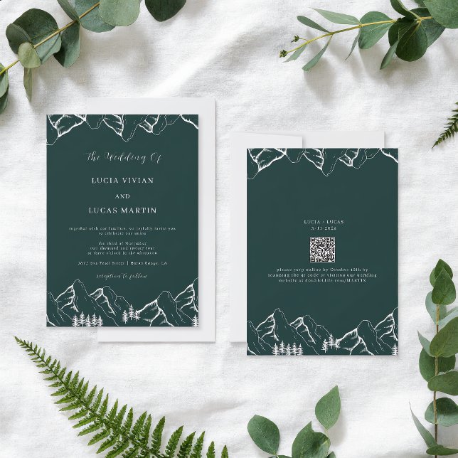 Mountains Pine Tree Emerald Green QR Code Wedding Invitation (Creator Uploaded)