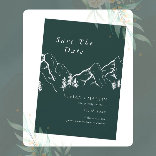 Mountains Pine Tree Emerald Photo Save The Date Invitation (Creator Uploaded)
