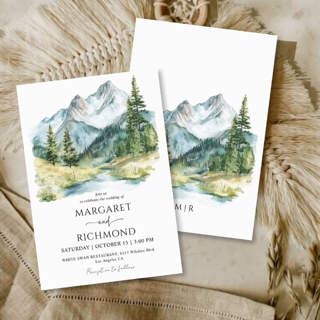 Mountains Pine Tree watercolor Rustic Wedding Invitation (Creator Uploaded)