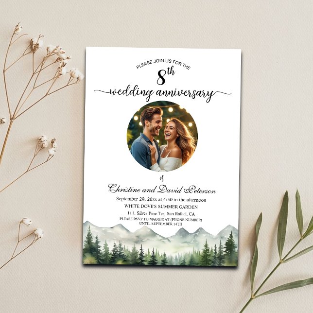 Mountains Pine Trees 8th Wedding Anniversary Photo Invitation (Creator Uploaded)