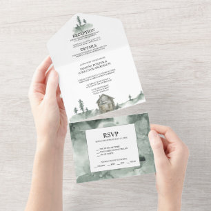 Mountains, Pine Trees, Cabin Rustic Wedding   All In One Invitation