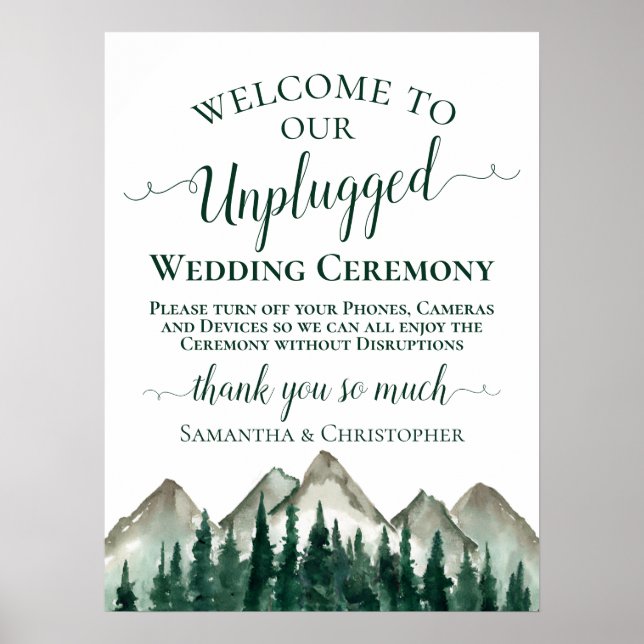 Mountains & Pine Trees Unplugged Wedding Ceremony Poster (Front)