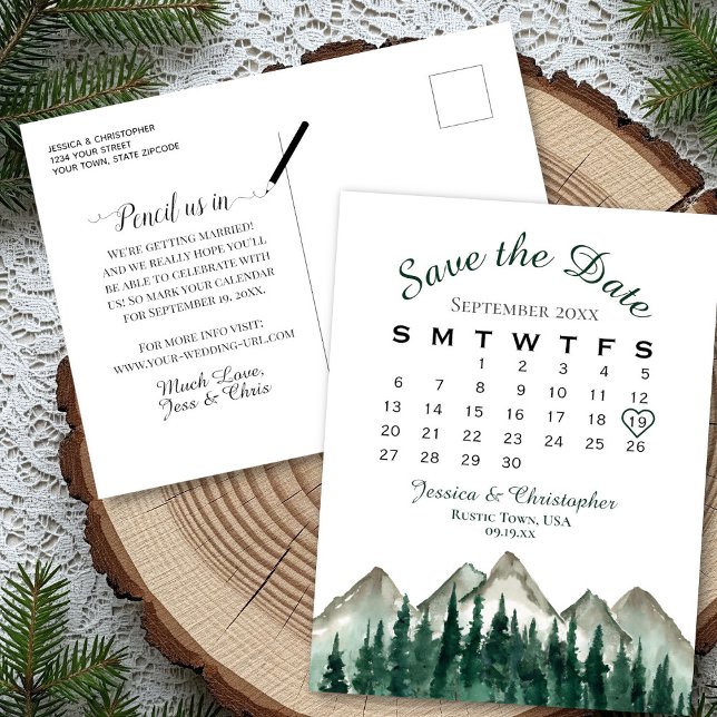 Mountains & Pine Wedding Calendar Save the Date Announcement Postcard (Front/Back)