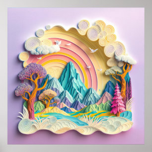 Mountains Rainbow Faux Cut Out Paper Poster