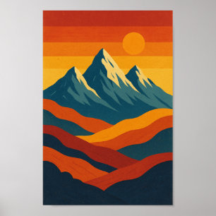 Mountains retro landscape illustration red blue poster
