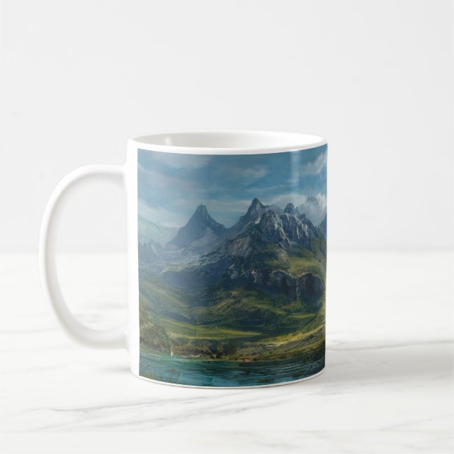 Mountains river grass pasture coffee mug (Left)