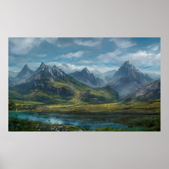 Mountains river grass pasture poster (Front)