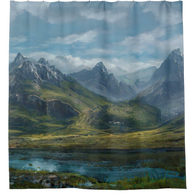 Mountains river grass pasture shower curtain (Front)