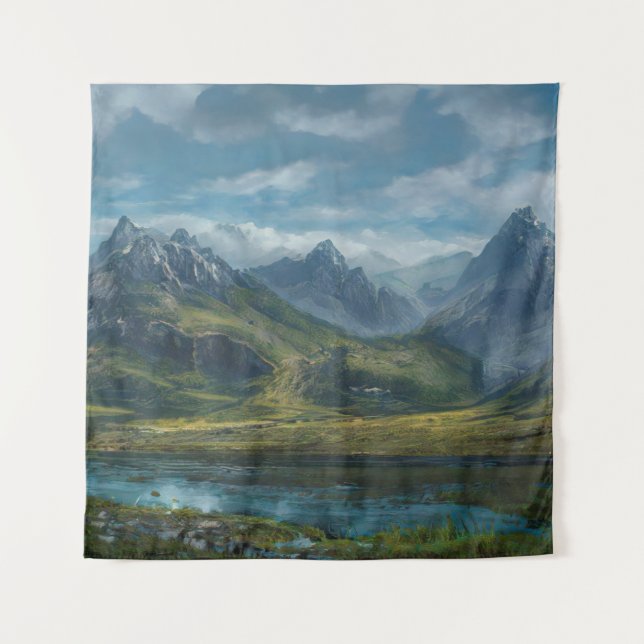 Mountains river grass pasture tapestry (Front)