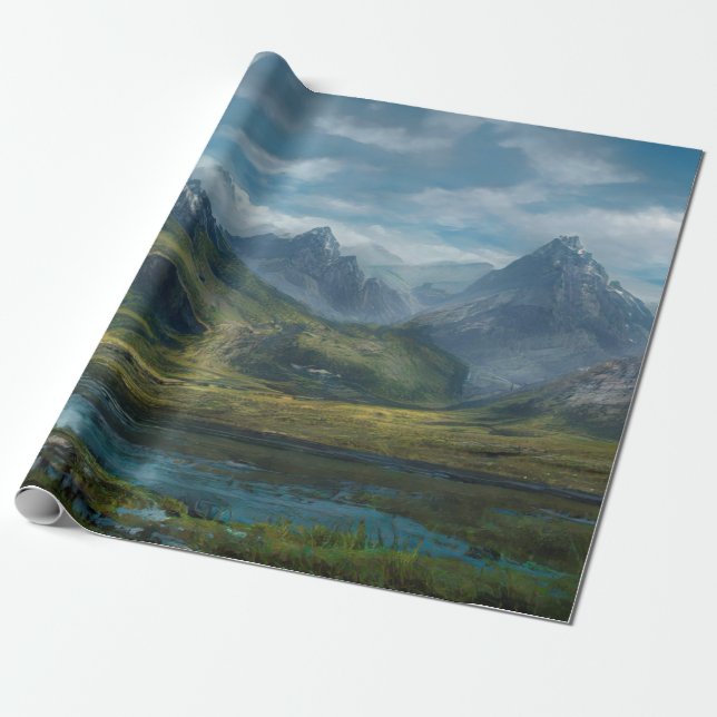 Mountains river grass pasture wrapping paper (Unrolled)